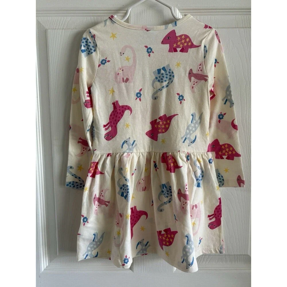 Toddler Girls 3T Ivory Dinosaur Print Fit & Flare Long Sleeve Dress Old Navy